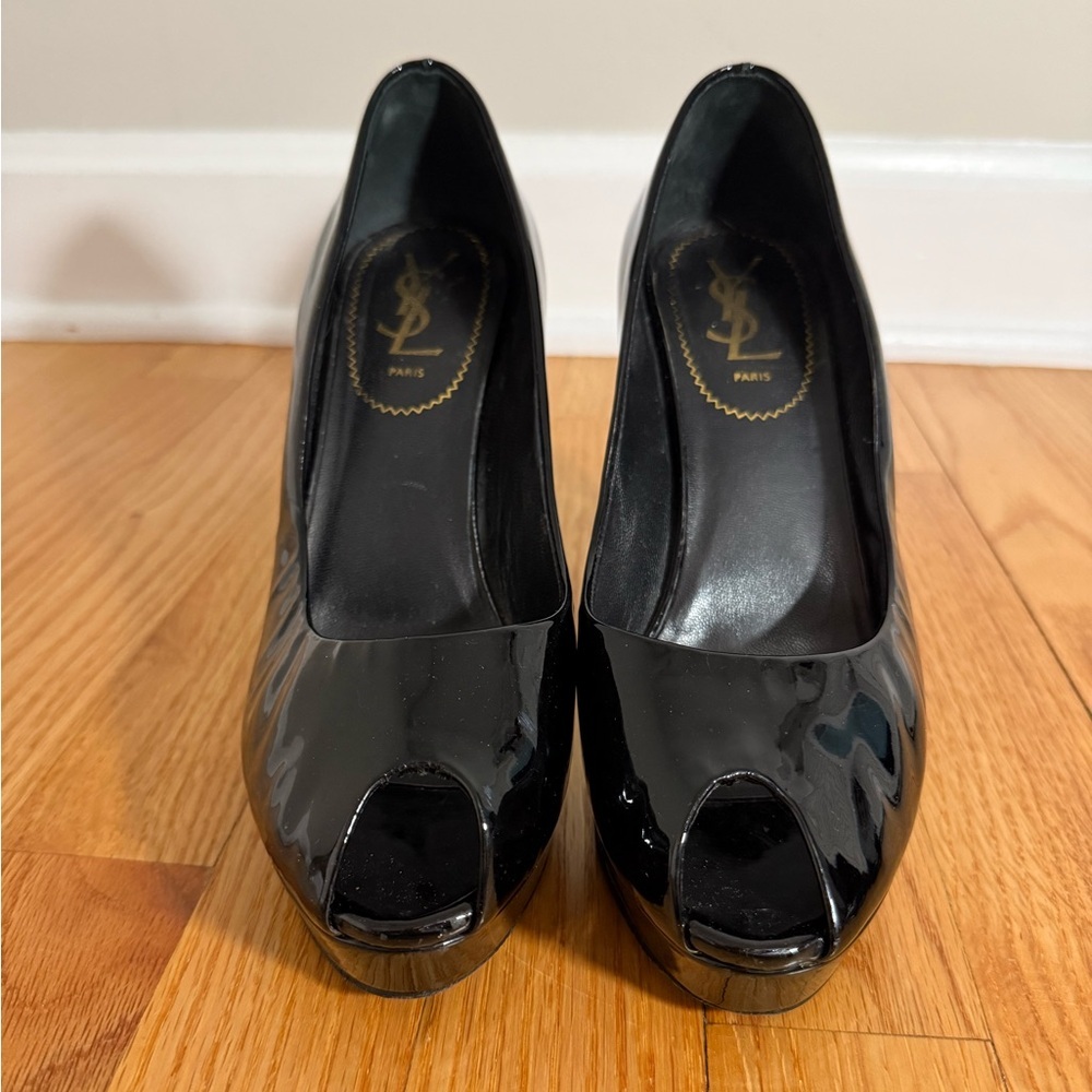 Yves Saint Laurent 7.5 Black Patent Leather Peep Toe Pumps classy, formal, YSL - Picture 3 of 13